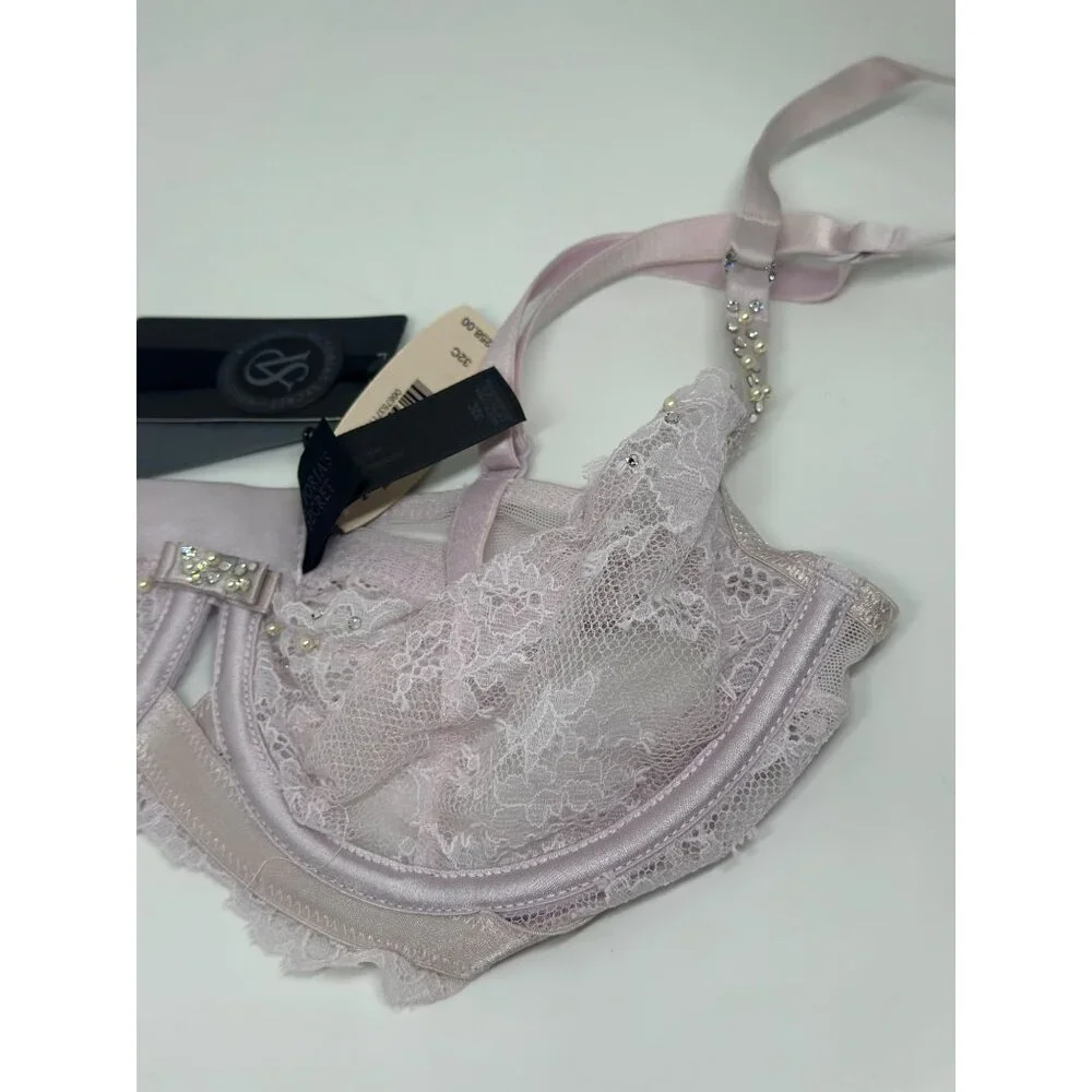 VTG Victoria's Secret Sheer Lace Bra Lavender Pearl Rhinestone‎ 32C Women